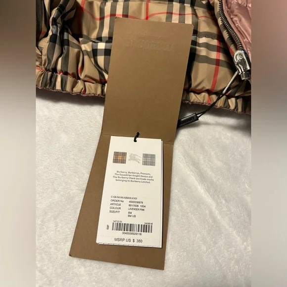 Baby Burberry London England Puffer Coat 6M Lavender Pink - Picture 2 of 8